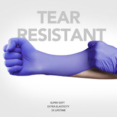Blue violet color Medguy Flexx nitrile gloves close up