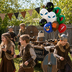 Medieval Adventure Theme latex balloons featuring dragon eyes wings swords
