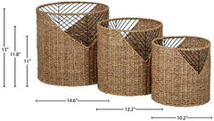 Gold accents on seagrass storage baskets with metal mesh and side handles