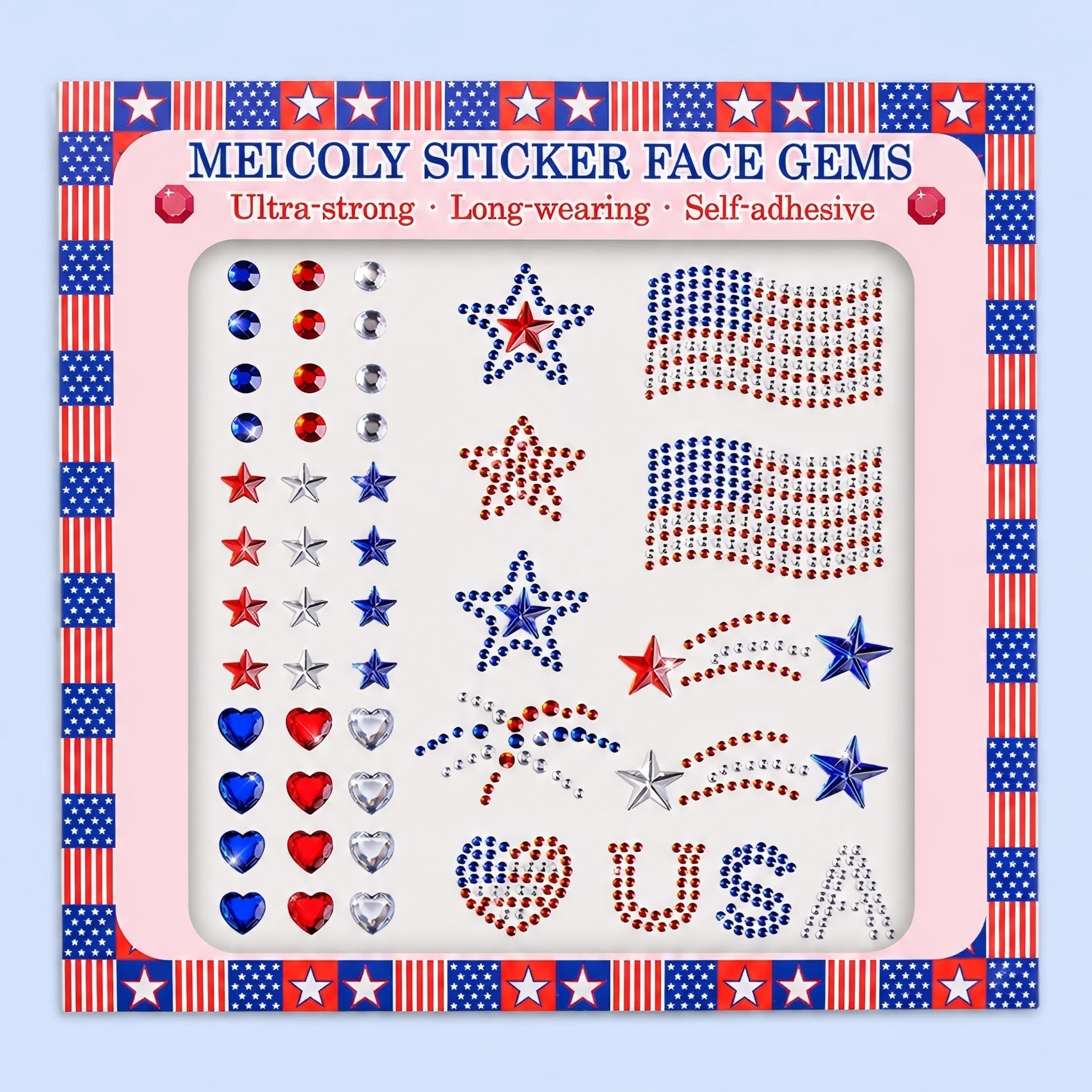MEICOLY patriotic face gem set with red white blue stones for 4th of July