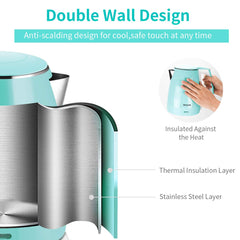 Double wall kettle design keeps exterior cool to touch