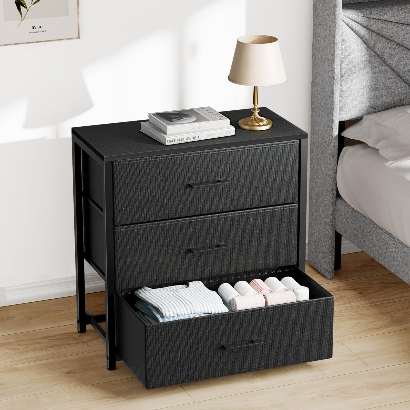 Memobarco nightstand with 3 fabric drawers black