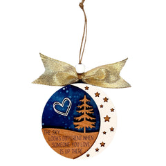 Memorial Christmas Ornament with deep blue night sky and wooden pine silhouette
