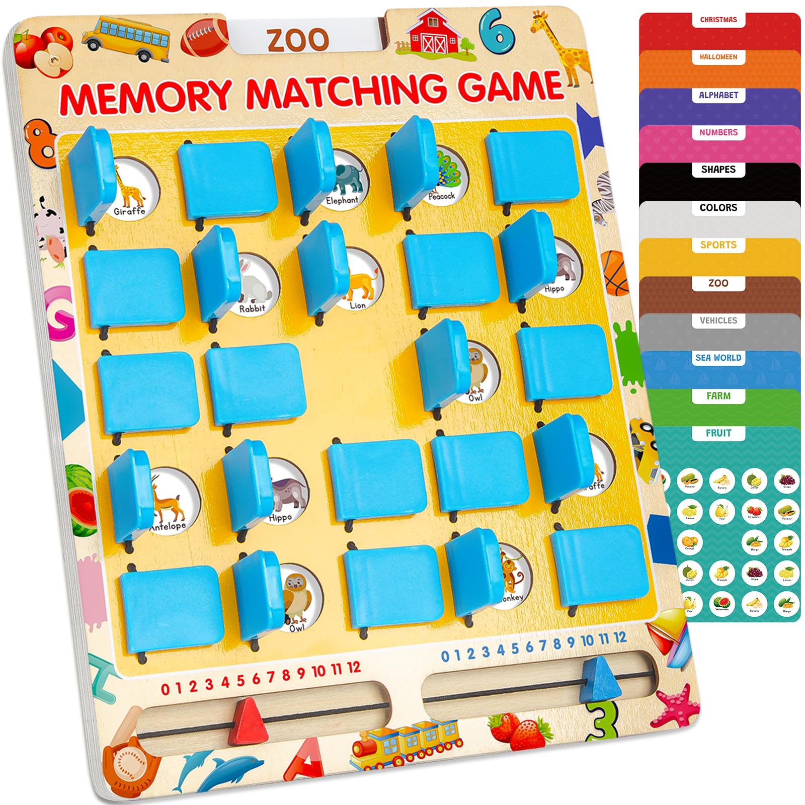 Memory Matching Game for Kids wooden board with 6 double-sided cards