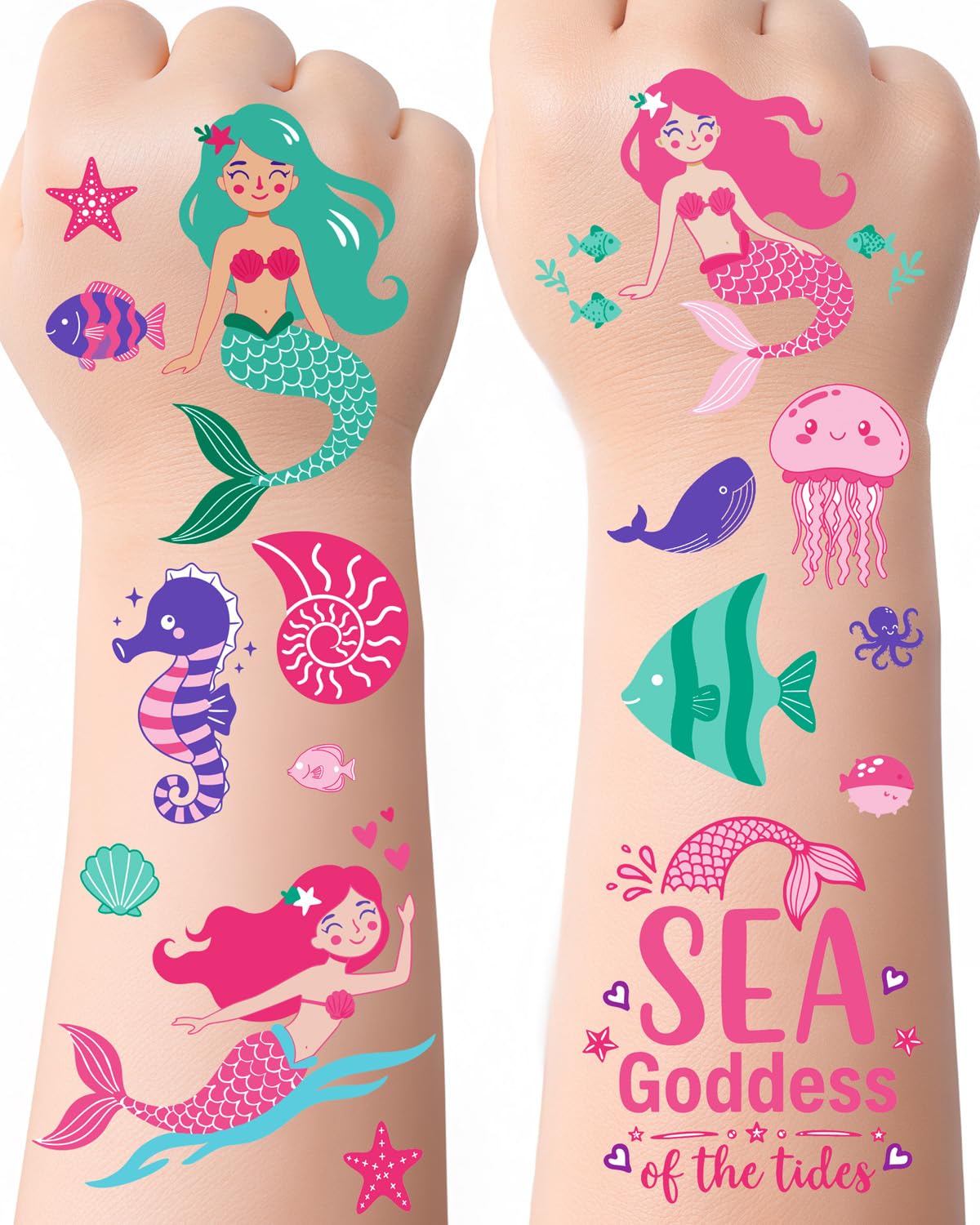 Two large sheets of Mermaid Temporary Tattoos for Kids design collection