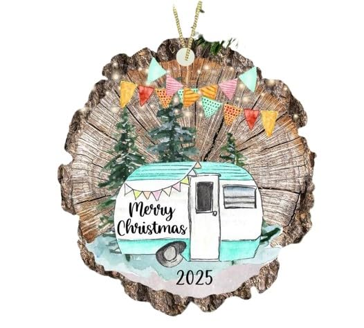 Merry Christmas 2025 Camper ornament on faux wood slice MDF 3.45 x 3.6 inches