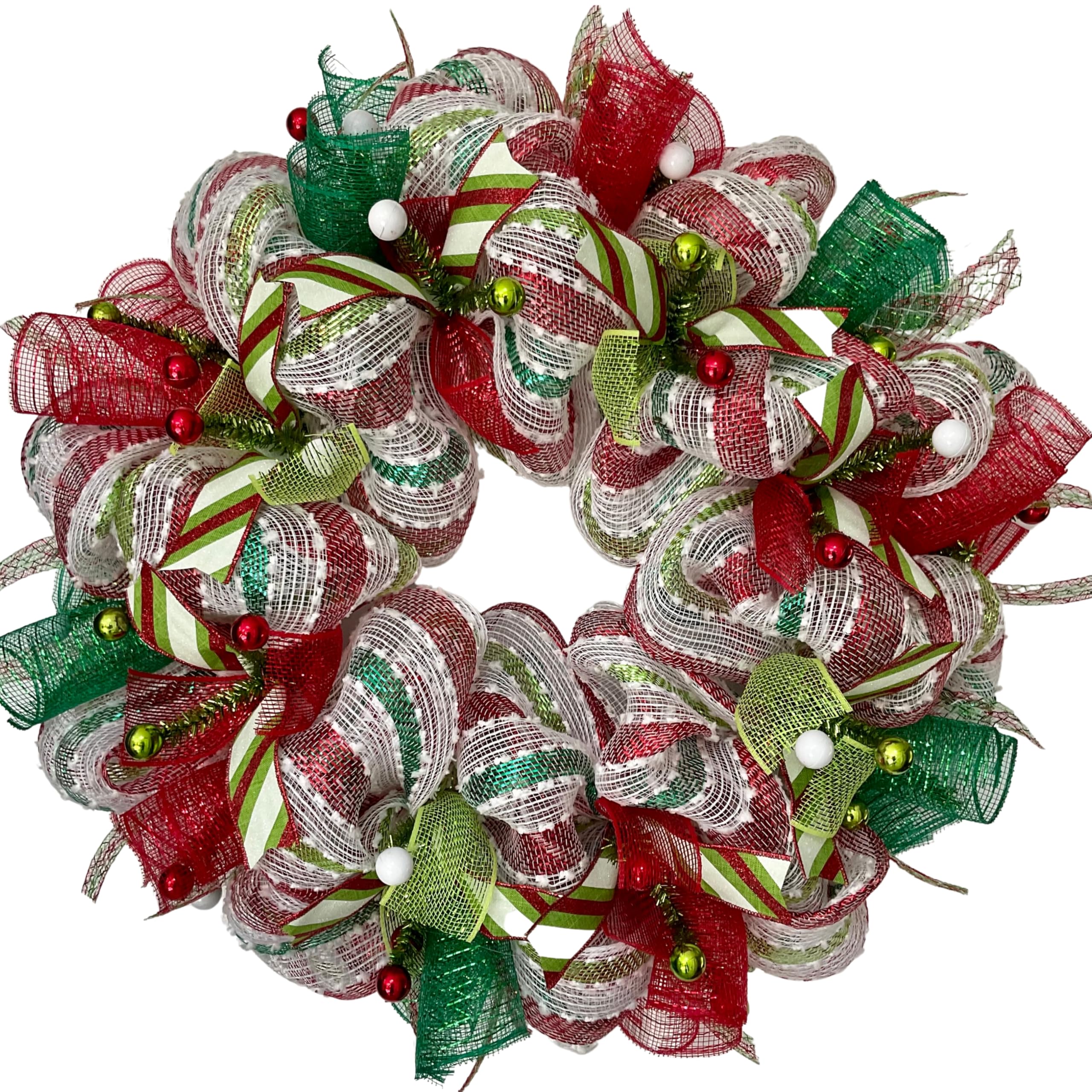 Merry Christmas Red and Green Striped Ribbon Wreath handmade deco mesh