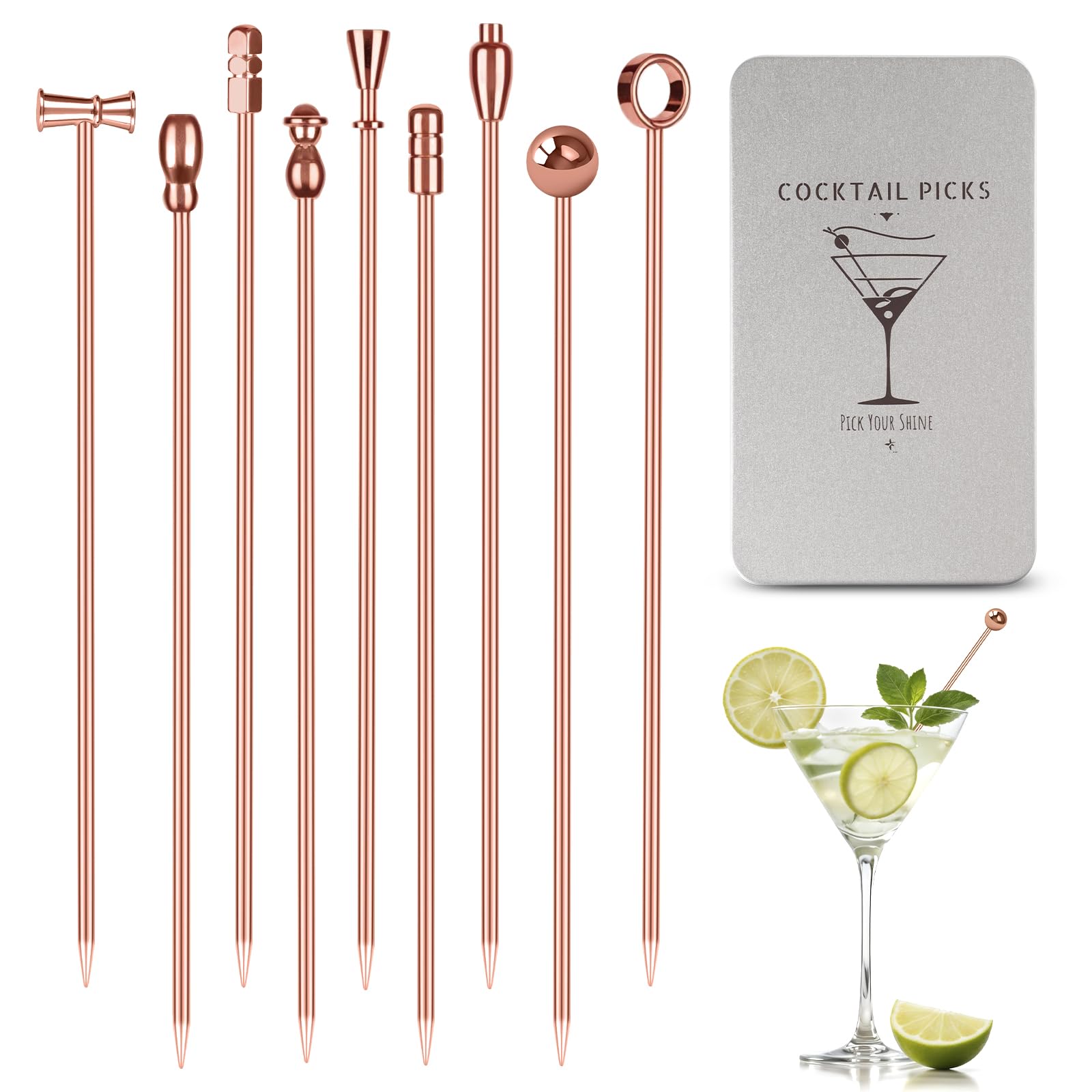 Metal Martini Cocktail Picks rose gold 9 pcs set