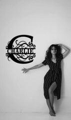 Metal monogram name sign close up steel material