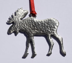 Michigan made fine pewter moose ornament with red satin ribbon