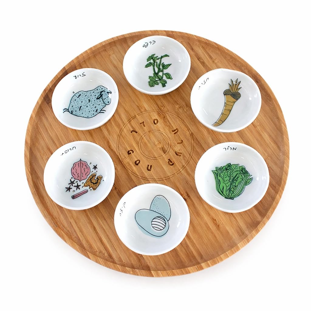 Mickala Design Passover Seder Plate bamboo base with six bowls