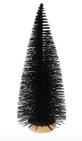 Midnight Black Glitter Bottle Brush Tree 8in tall on a round wood base