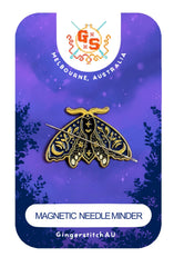 Midnight Moth Needle Minder with two magnets attached back and fabric hold-down