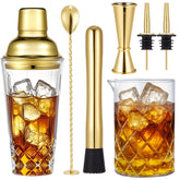 Mifoci 7 Pcs Gold Glass Cocktail Shaker Set with 14 oz shaker and 24 oz mixing cup