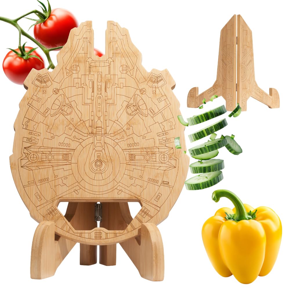 Millennium Falcon bamboo cutting board close up shows lightweight durable construction