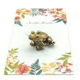Mini Brass Frog Needle Minder closeup showing brass frog and magnets