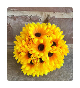 Mini Sunflower Ball on its 2.5 inch styrofoam base with faux sunflowers