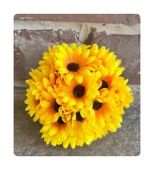 Mini Sunflower Ball on its 2.5 inch styrofoam base with faux sunflowers