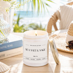 White jar candle with gold lid suitable for coastal rooms