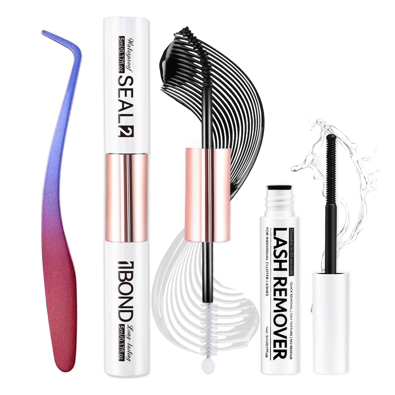 Miuffue 3 PCS Lash Kit Bond and Seal with Eyelash Tweezers Remover Kit contents