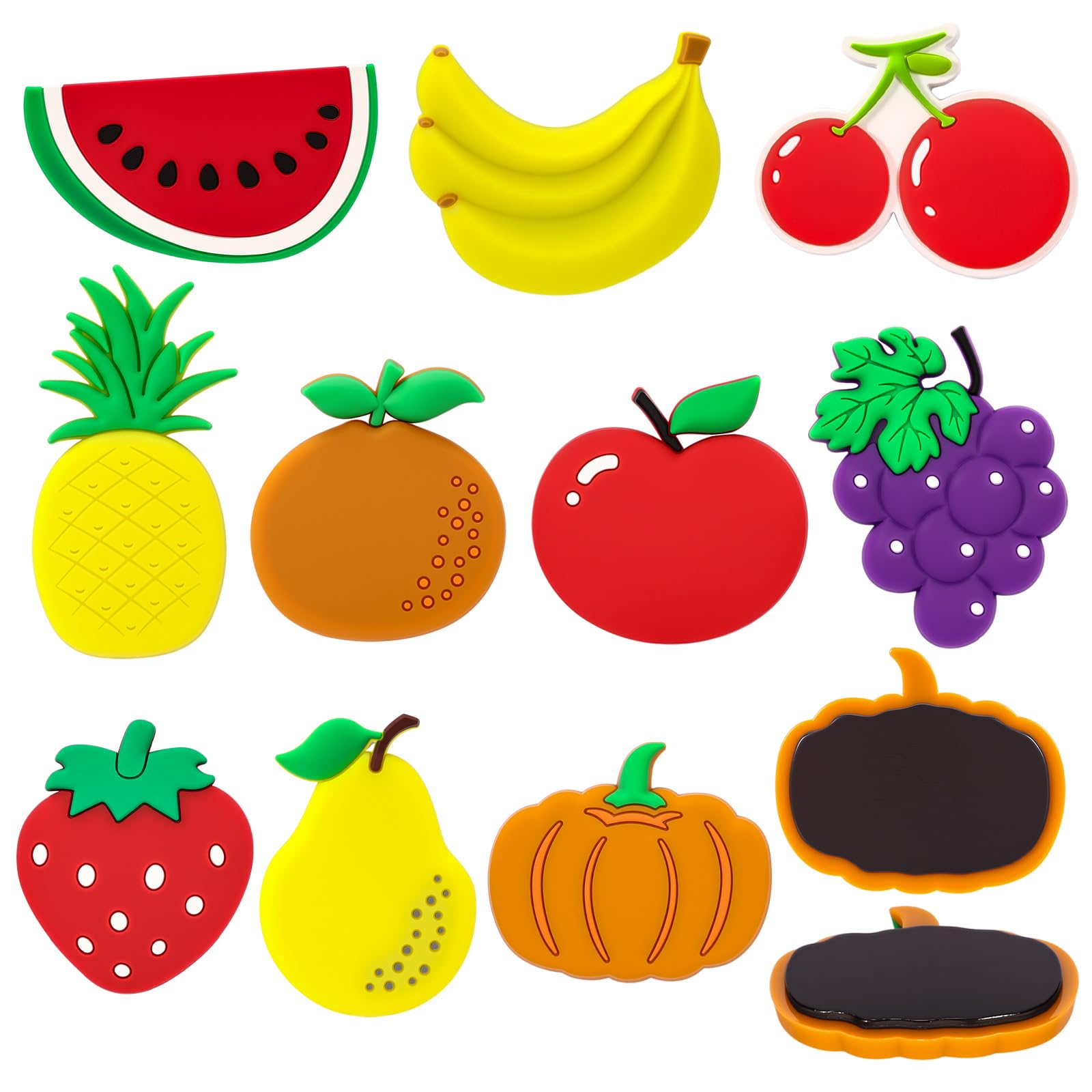 Assorted fruit magnets on fridge surface