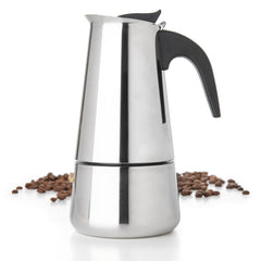 Mixpresso 9 cup Greca Moka Pot stainless steel on stovetop