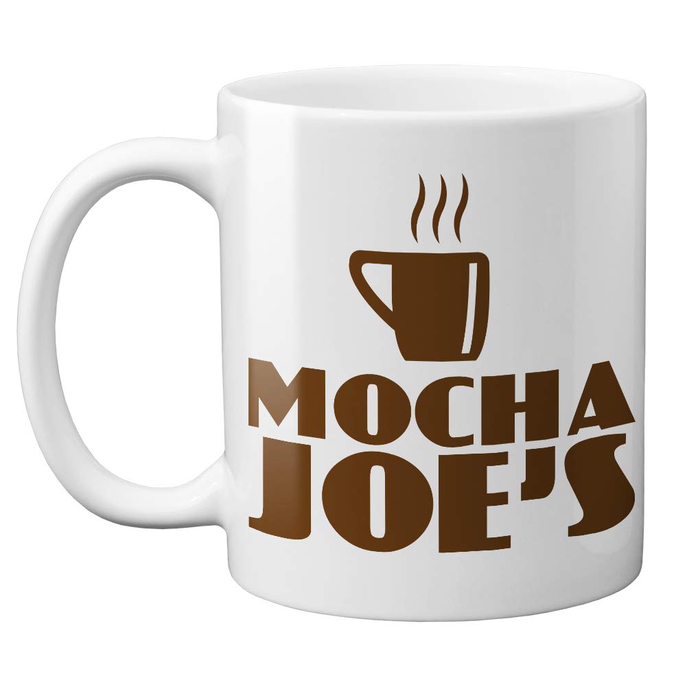 Mocha Joe's Coffee Shop mug 11oz white ceramic with two sided artwork