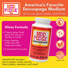 USA-made Mod Podge Gloss Sealer Glue & Finish packaging close up