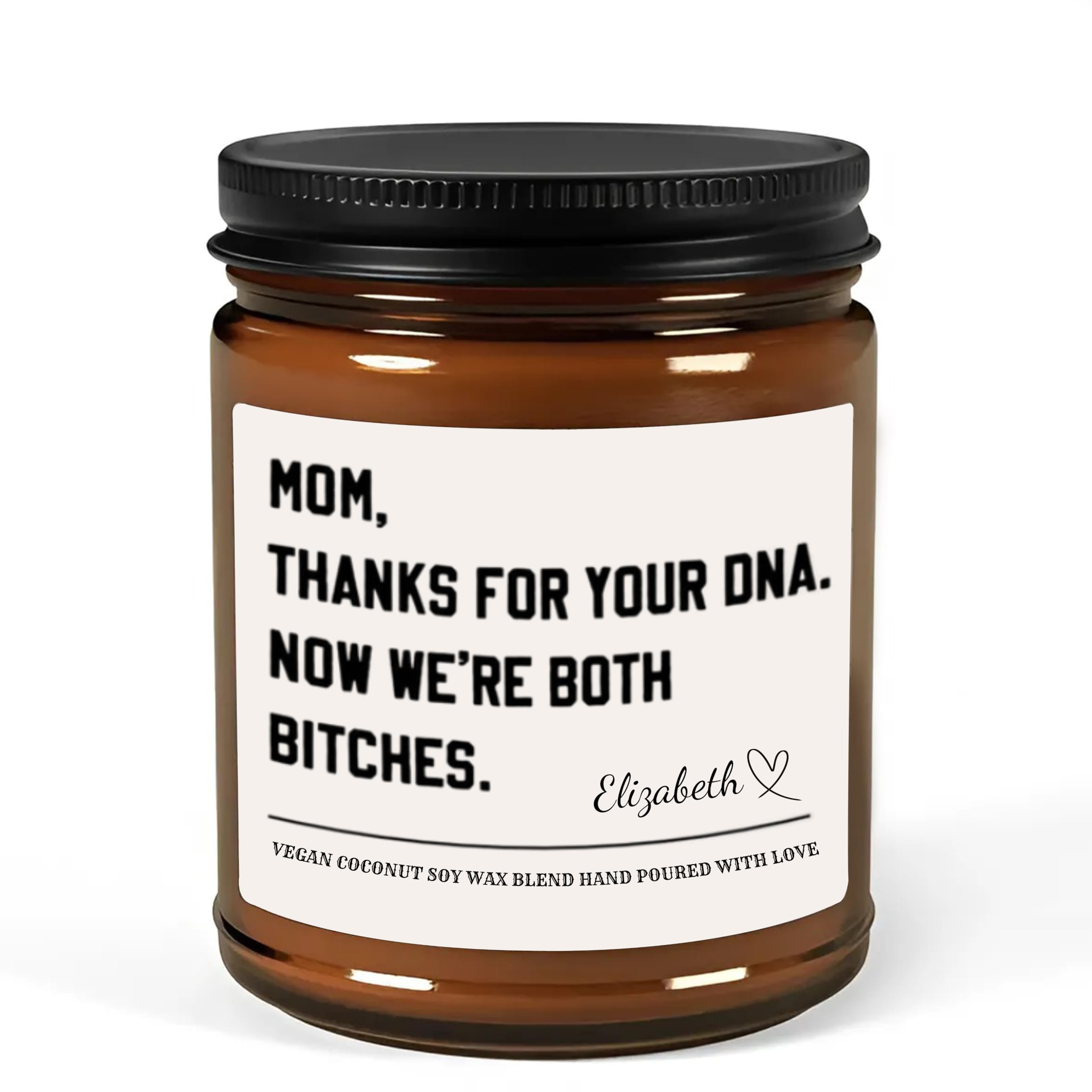 mom dna candle with customizable name on frosted glass jar