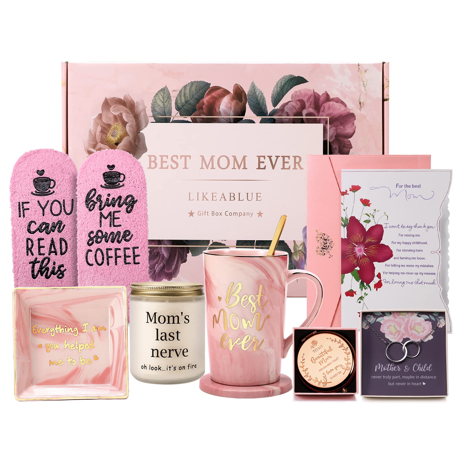 Gift basket for mom includes coffee mug and necklace