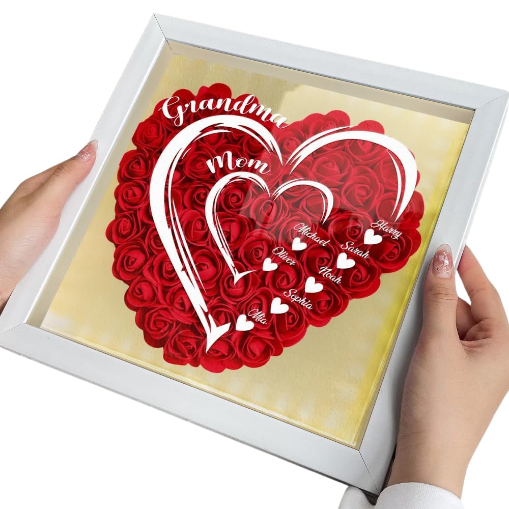 Shadow box with Mom Grandma Hearts Custom Names and LED light on display shelf