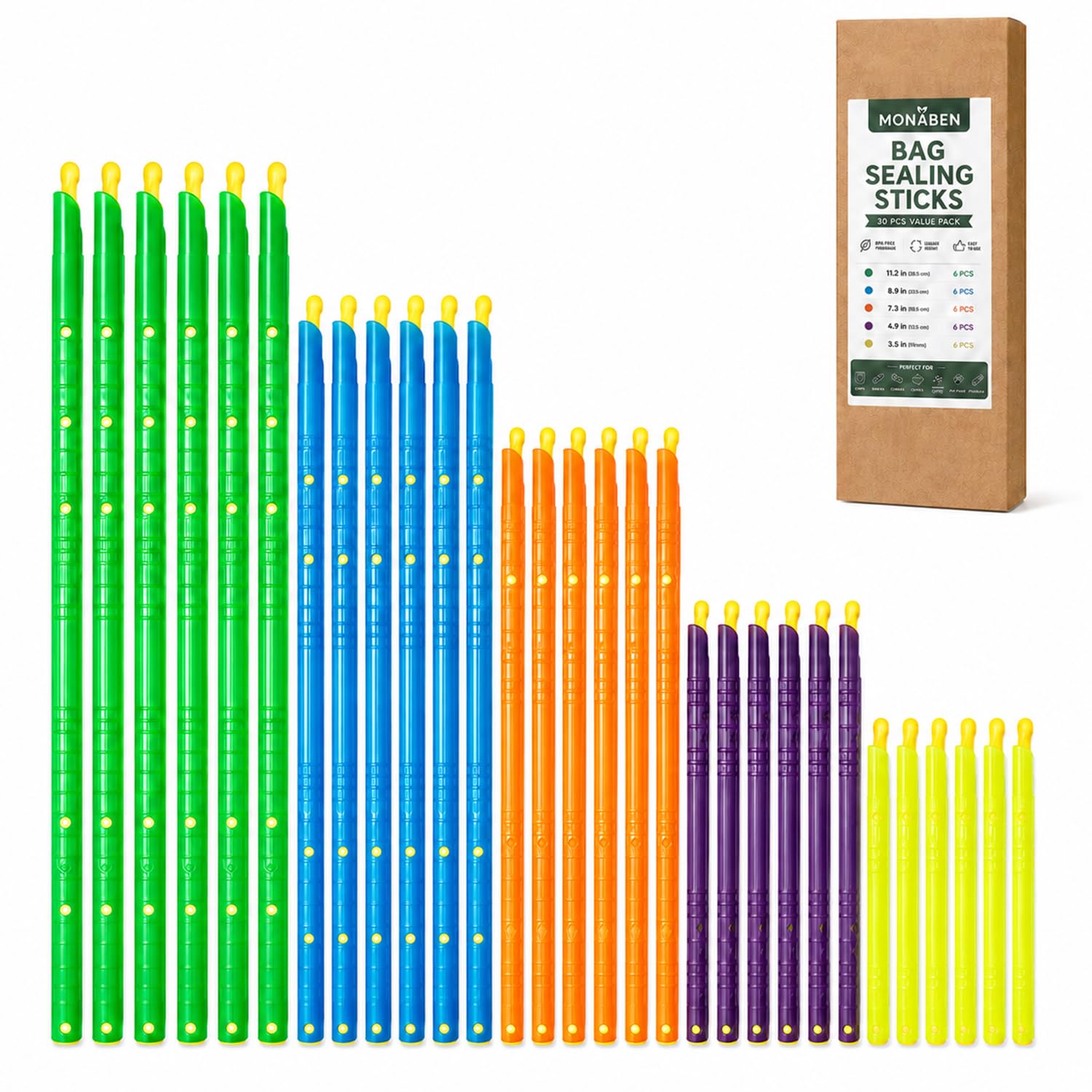 MONABEN 30 PCS Bag Sealer Sticks five sizes 11.2in 8.9in 7.3in 4.9in 3.5in