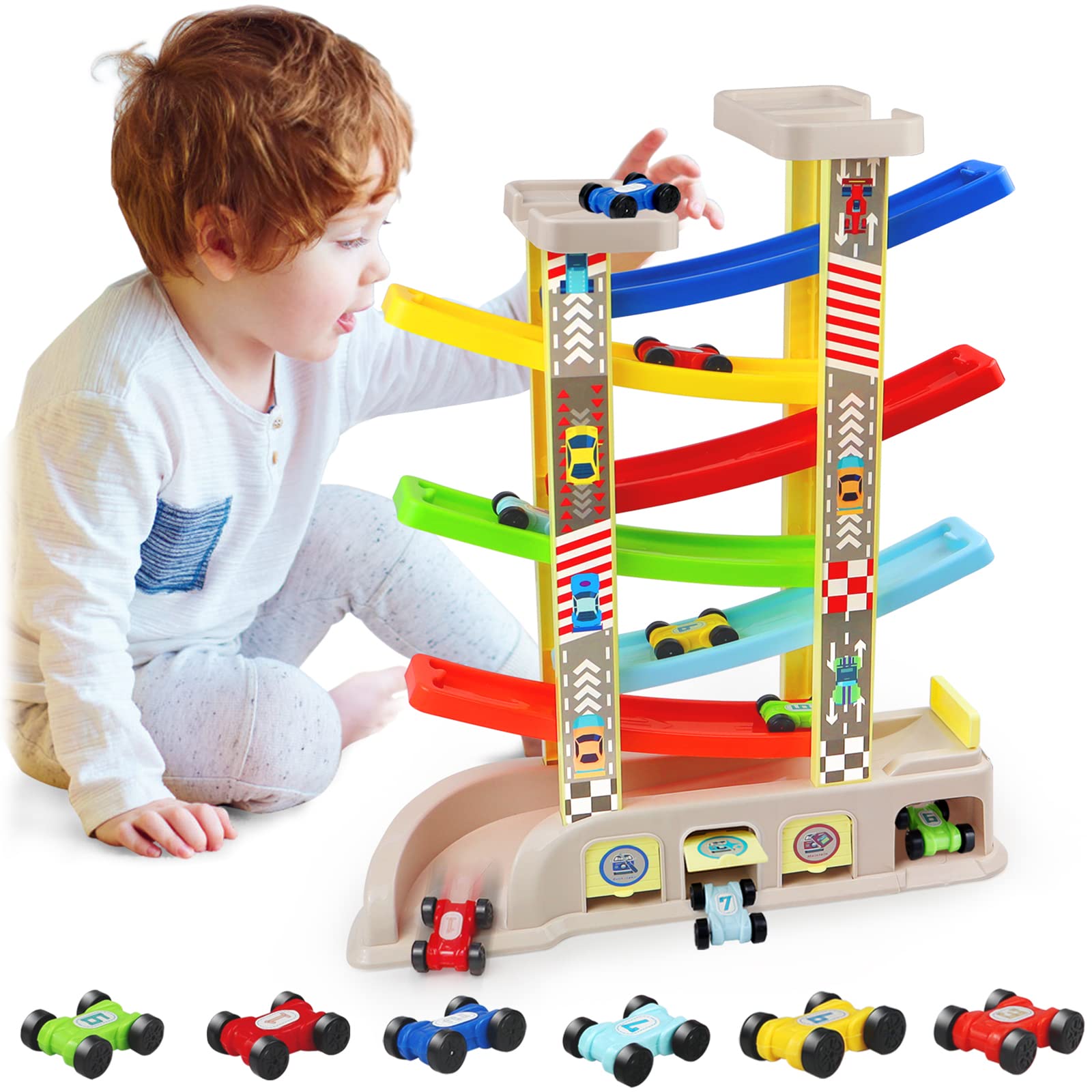 Montessori car ramp toy set for 2-3 year olds with 6 cars