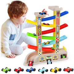 Montessori car ramp toy set for 2-3 year olds with 6 cars
