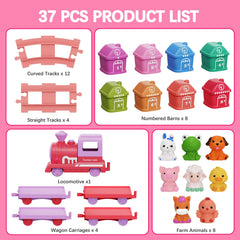 Montessori learning toy with eight farm animal toys and numbered barns 1-8
