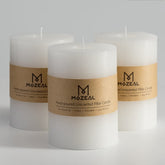MOZEAL 3x4 unscented dripless pillar candles set of 3 in white