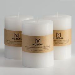 MOZEAL 3x4 unscented dripless pillar candles set of 3 in white