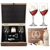 Mr and Mrs engagement gift set with wine glasses and keepsake box