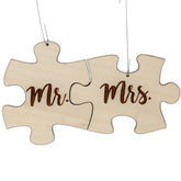 Mr. and Mrs Puzzle Piece Christmas Ornament Set made of birch wood