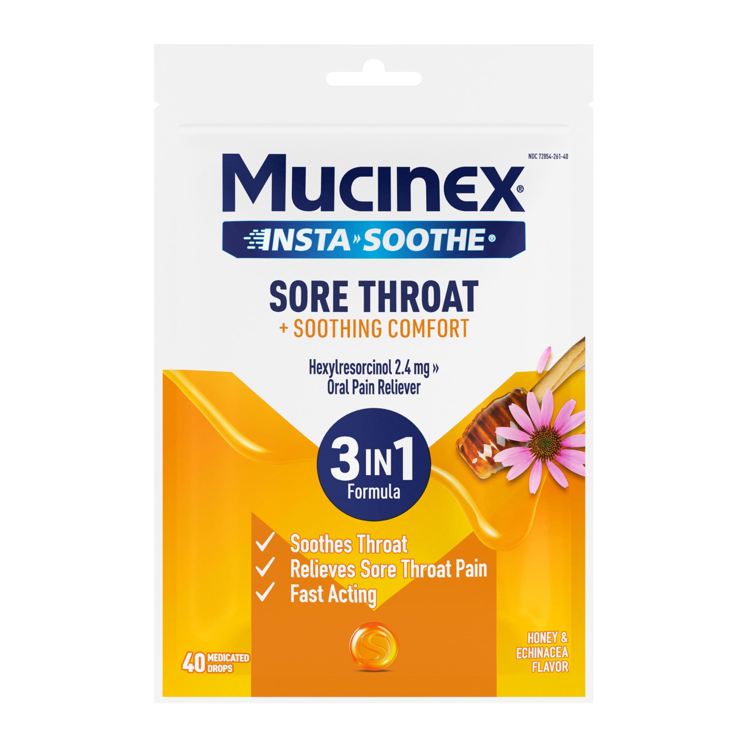 Mucinex Instasoothe Sore Throat Drops 40 drops pack front view