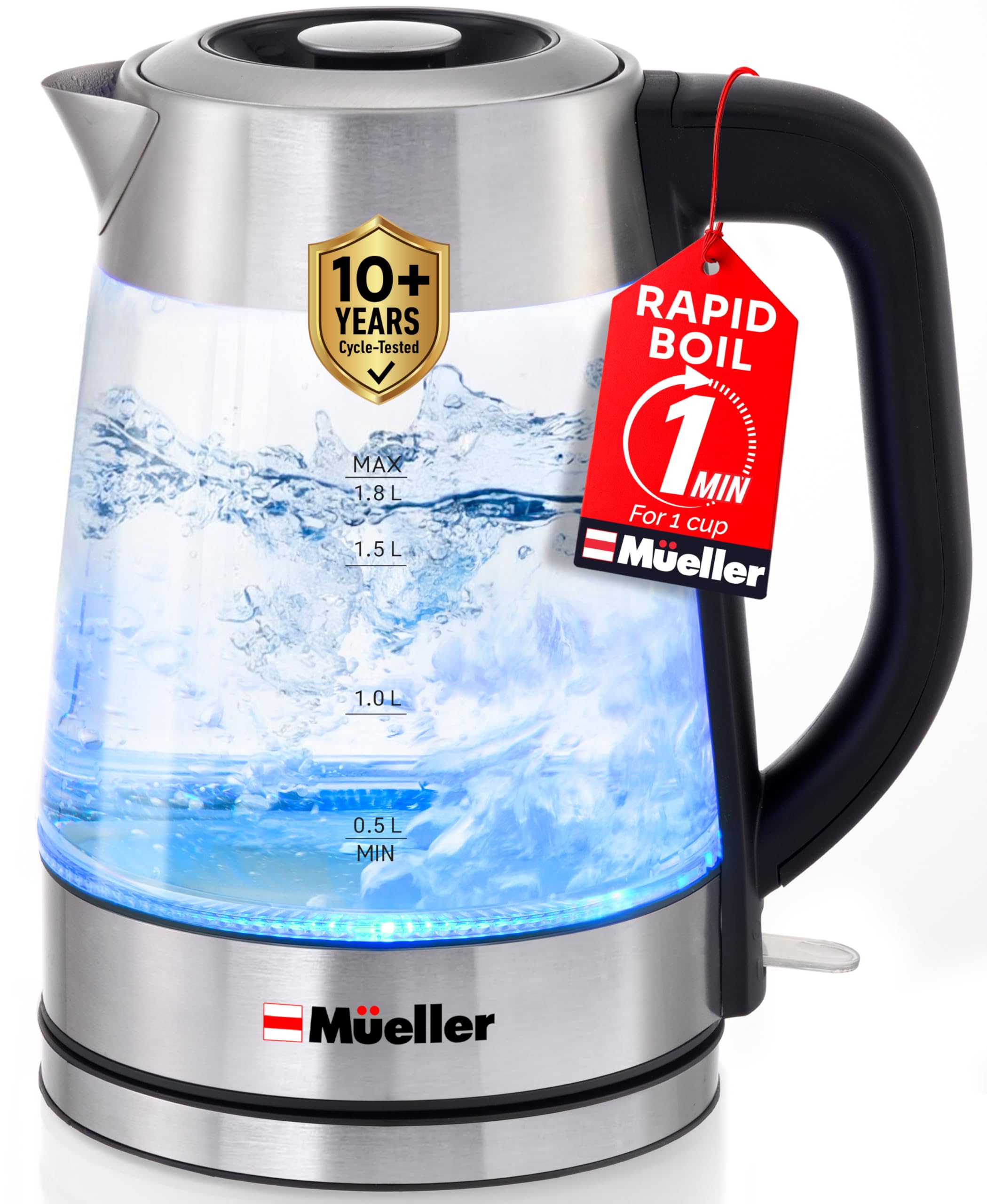 Mueller Rapid Boil Electric Tea Kettle 1.8L with borosilicate glass and stainless steel