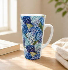 Mugzan 17oz ceramic mug featuring hydrangea botanical illustration