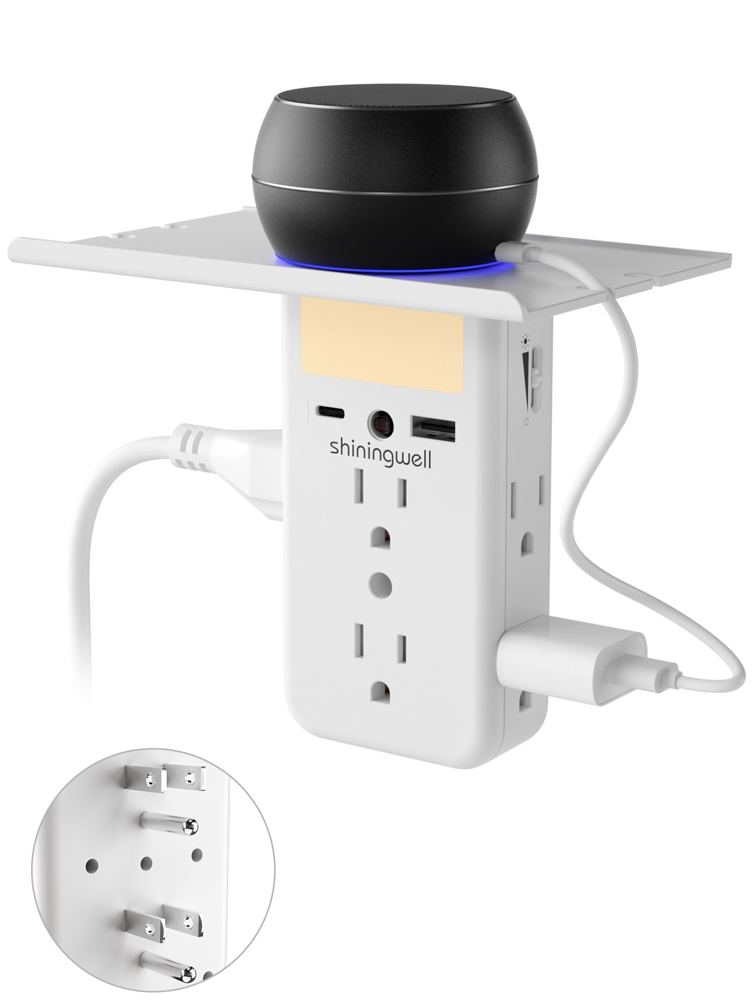 Multi Plug Wall Outlet Extender with 6 AC outlets and USB ports in white finish