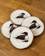 California pine wood slice coaster with laser engraved loon on top