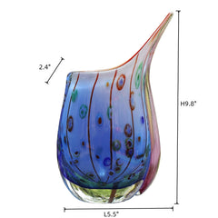 Murano glass blue vase with red and green dots closeup