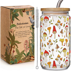 Clear 16oz Mushroom Iced Coffee glass cup with bamboo lid