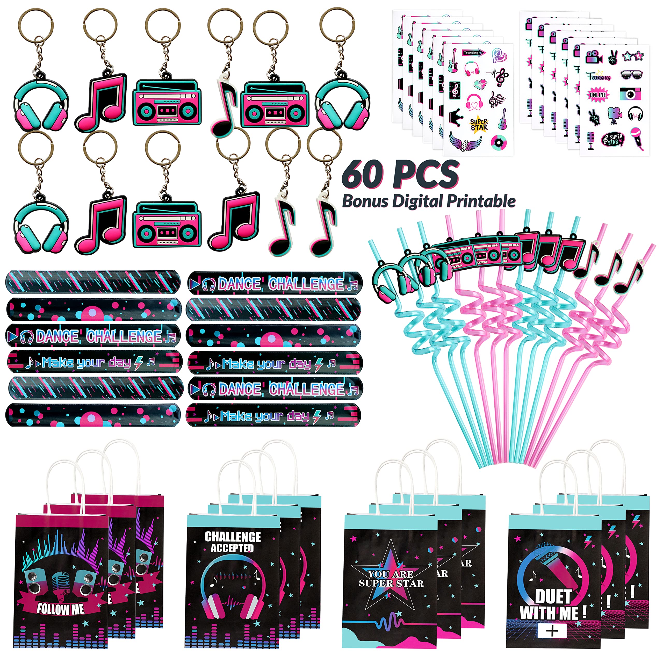 Music party favors 12 pack with treat bags and straws