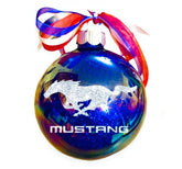 Mustang Blue Glitter Glass Christmas Ornament 4 inch round with blue glitter interior and silver ribbon