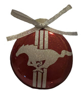 Mustang red Glitter Glass Christmas Ornament 4 inch round flat with red glitter inside