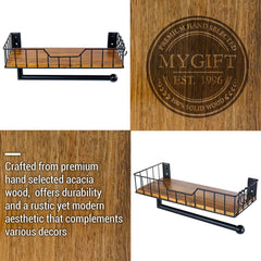 Acacia wood shelf detail showing natural grain and metal rails
